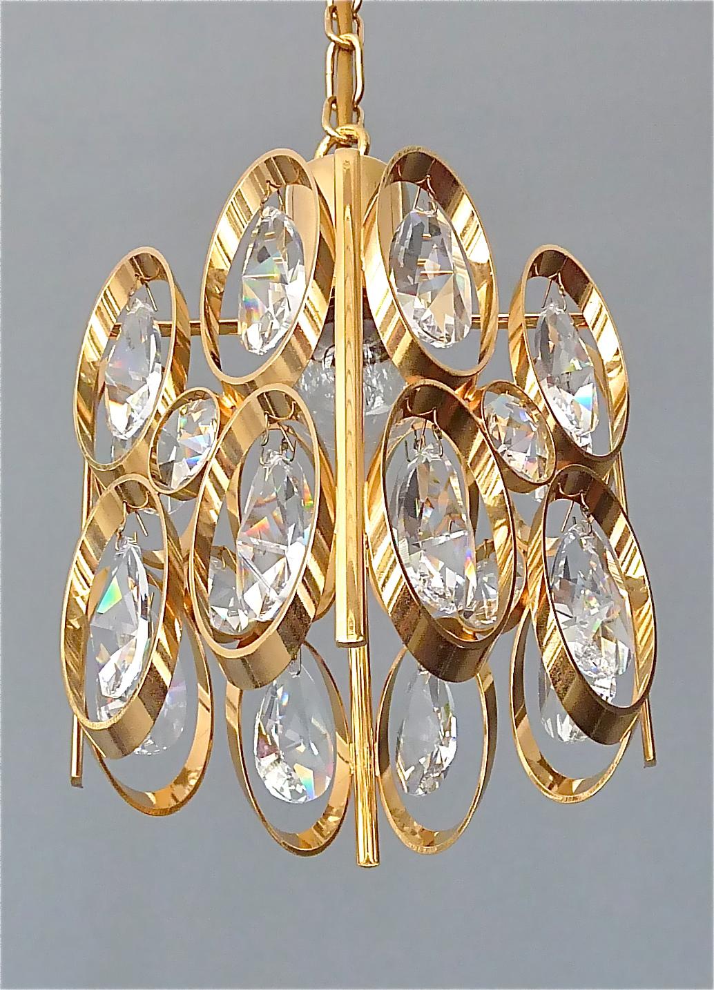 German Square Lobmeyr or Palwa Pendant Lamp Gilt Brass Faceted Crystal Glass, 1960s