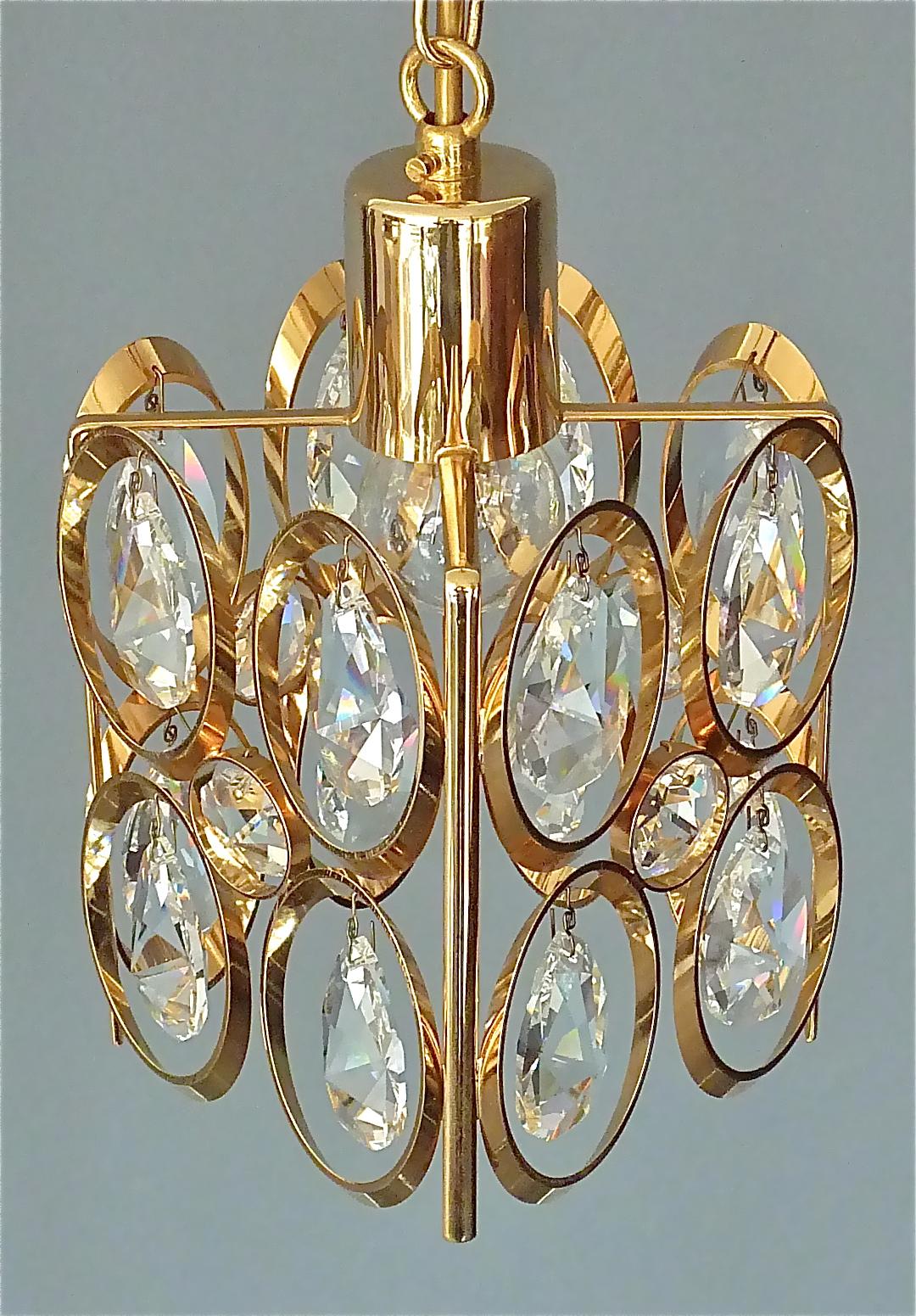 Square Lobmeyr or Palwa Pendant Lamp Gilt Brass Faceted Crystal Glass, 1960s In Good Condition In Nierstein am Rhein, DE