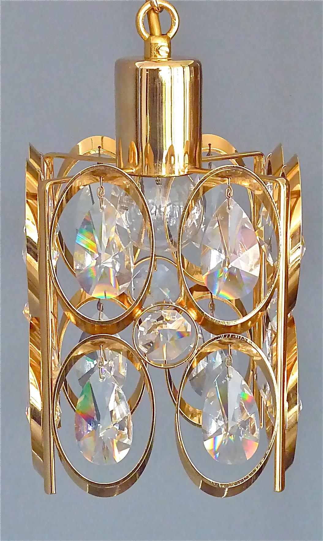 Mid-20th Century Square Lobmeyr or Palwa Pendant Lamp Gilt Brass Faceted Crystal Glass, 1960s