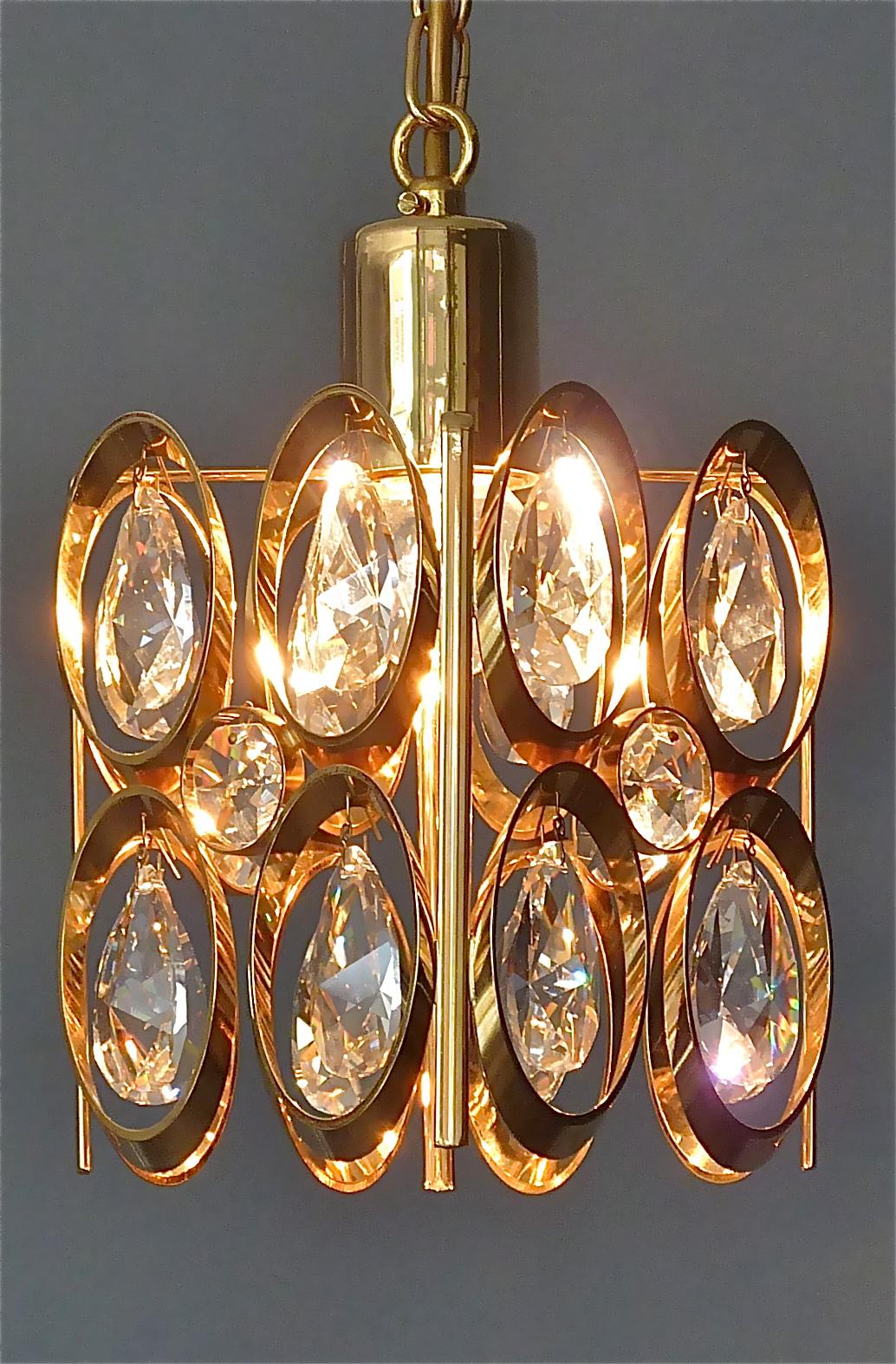 Square Lobmeyr or Palwa Pendant Lamp Gilt Brass Faceted Crystal Glass, 1960s 3