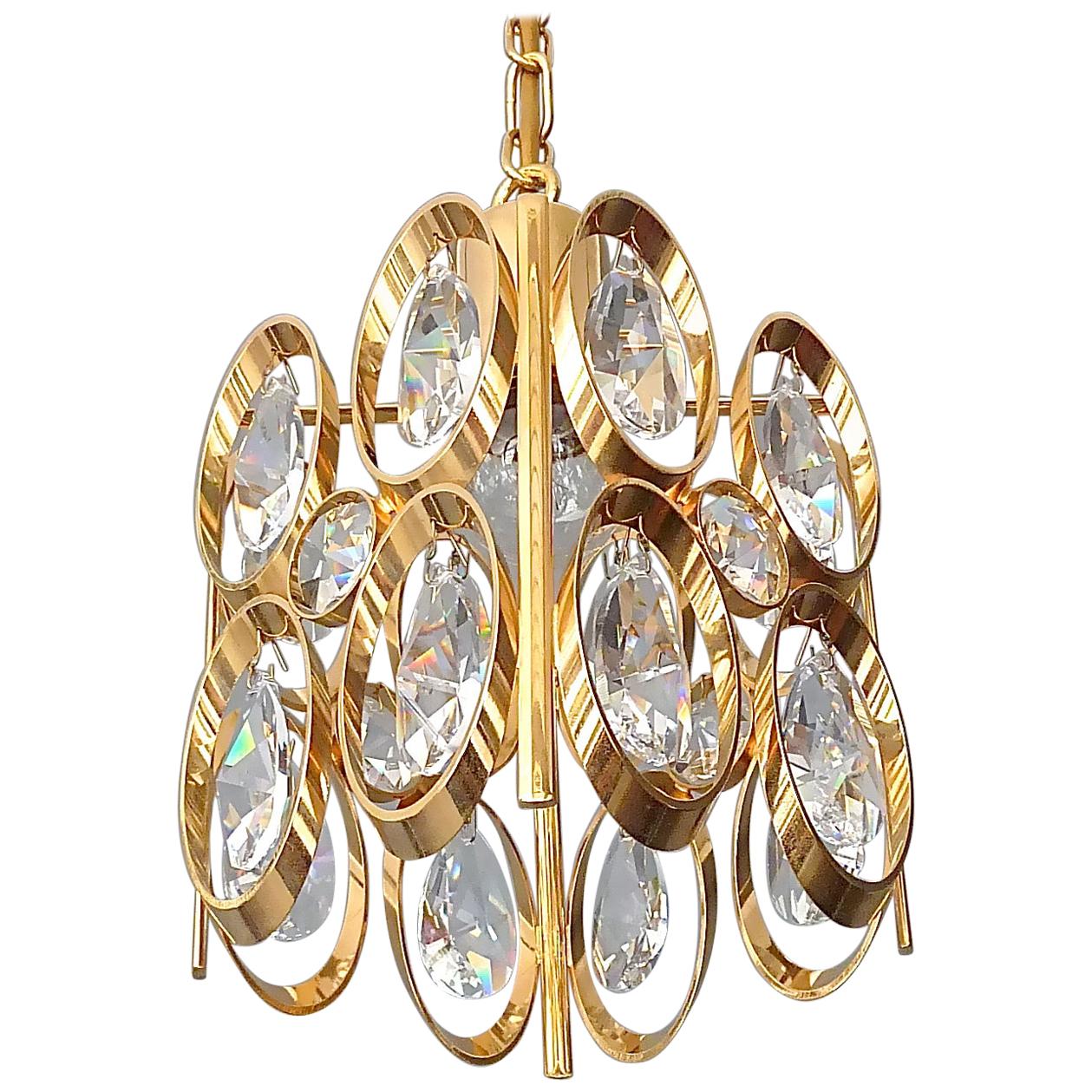 Square Lobmeyr or Palwa Pendant Lamp Gilt Brass Faceted Crystal Glass, 1960s