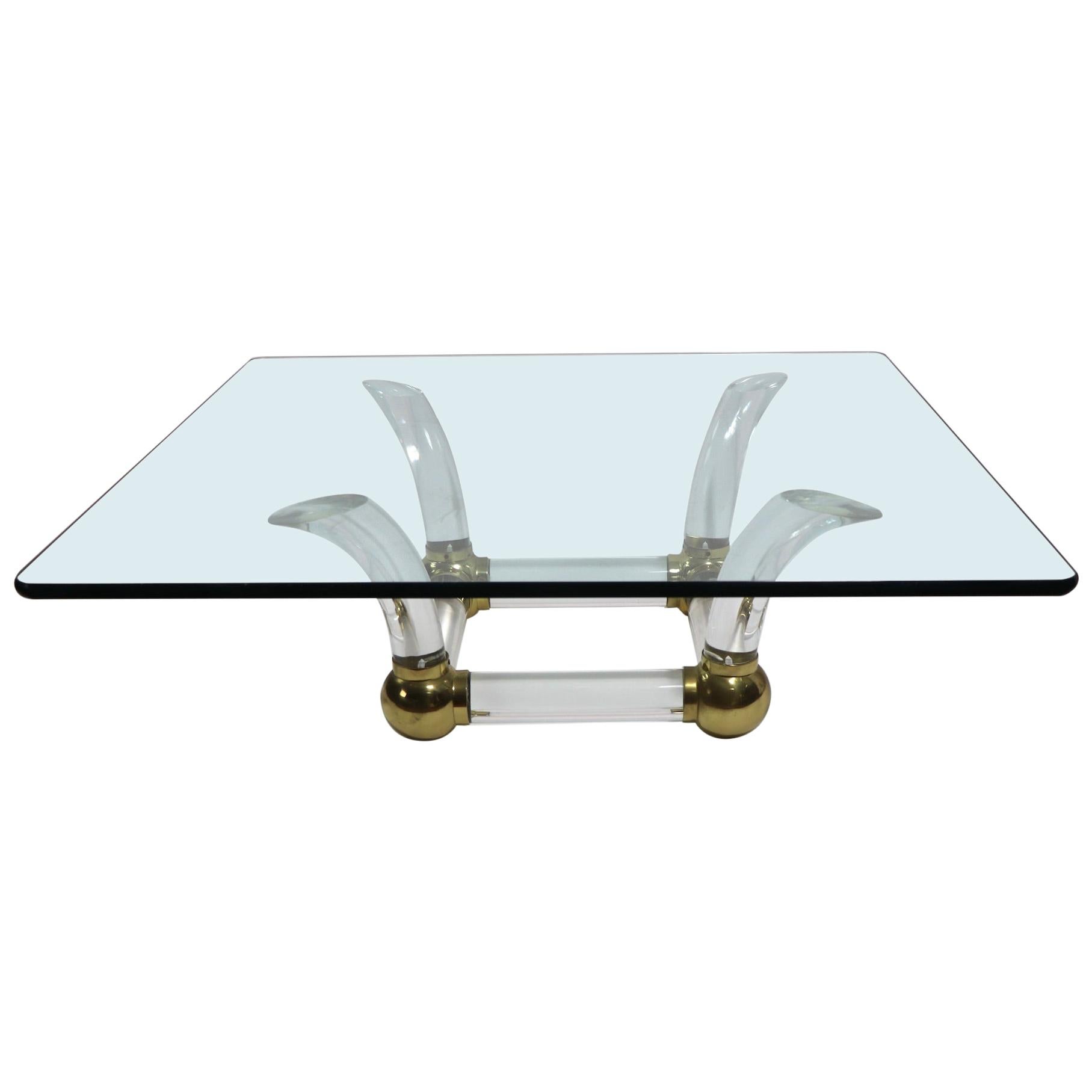 Square Lucite Brass and Lucite Coffee Table