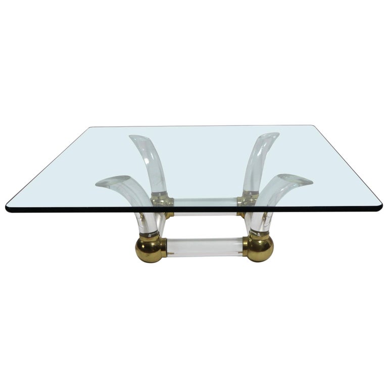 Square Lucite Brass and Lucite Coffee Table at 1stDibs
