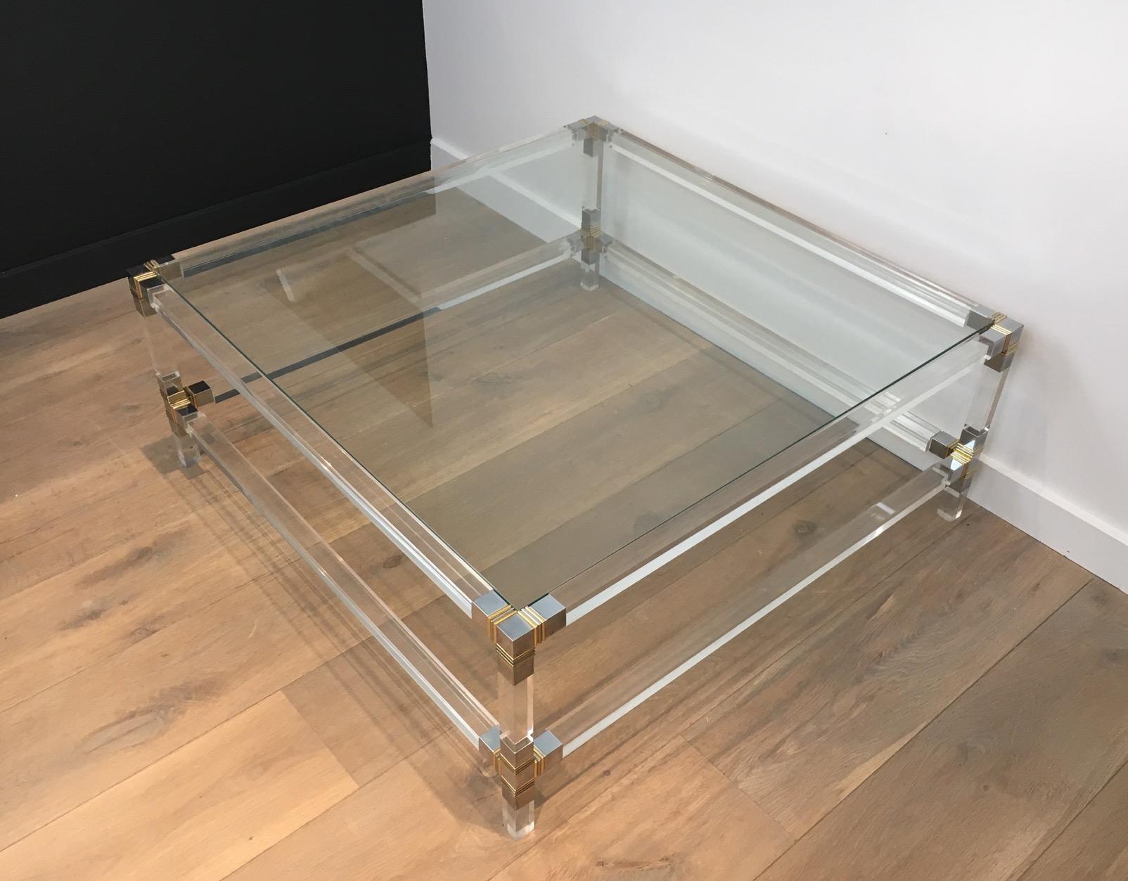 Square Lucite Coffee Table with Chrome Corners and Glass Tops at