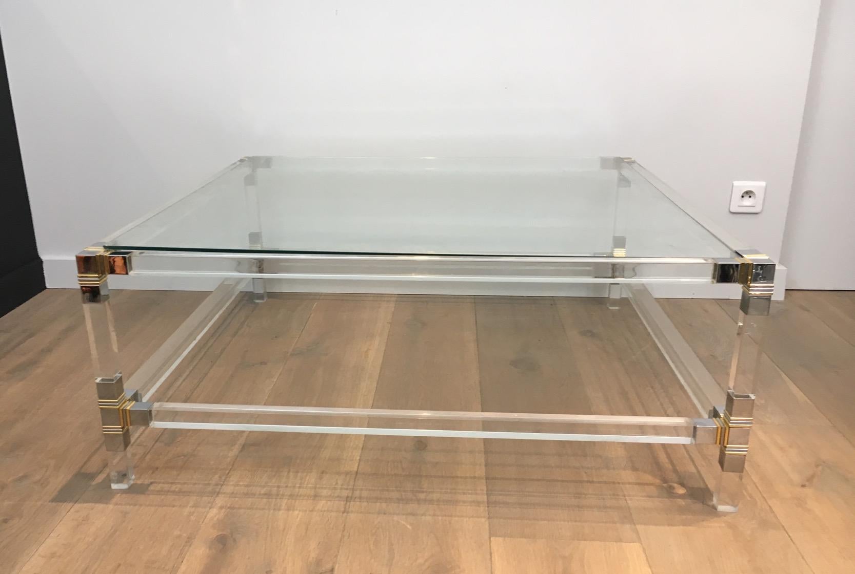 Square Lucite Coffee Table with Chrome Corners and Glass Tops 1