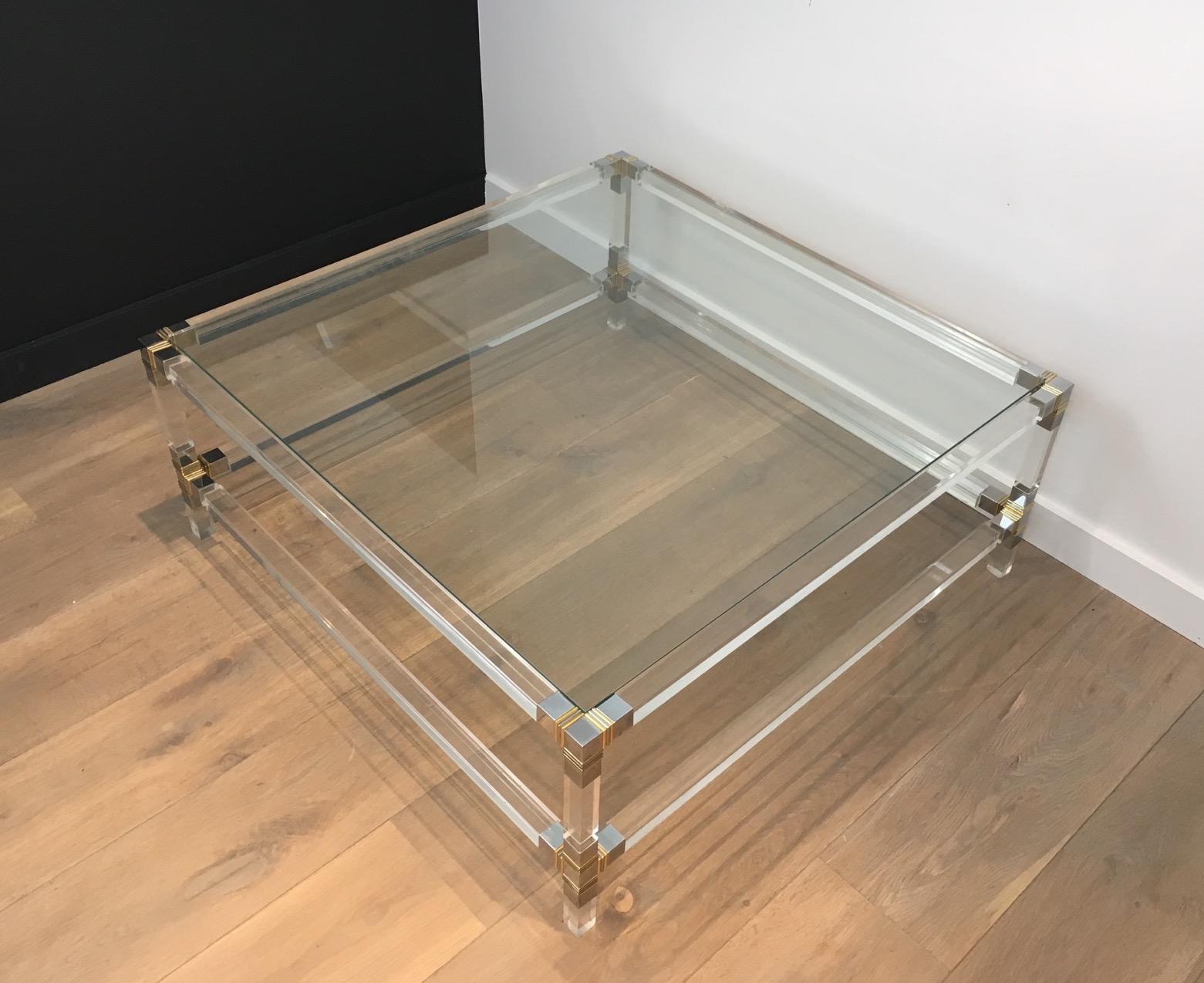 Square Lucite Coffee Table with Chrome Corners and Glass Tops 2