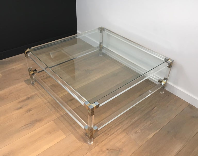 Square Lucite Coffee Table with Chrome Corners and Glass Tops at 1stDibs