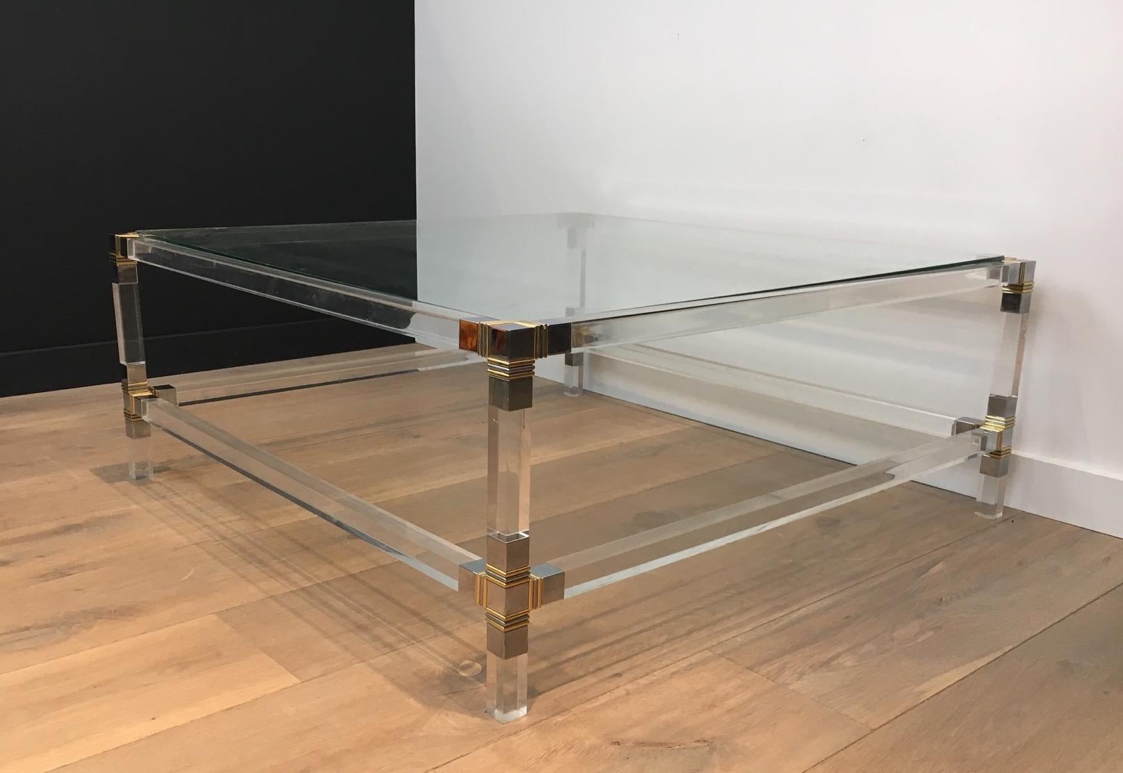 Square Lucite Coffee Table with Chrome Corners and Glass Tops at