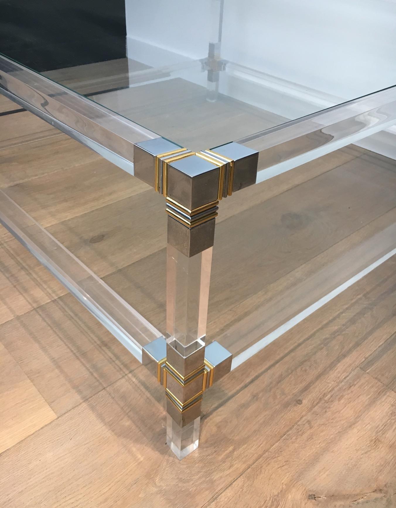 Mid-Century Modern Square Lucite Coffee Table with Chrome Corners and Glass Tops