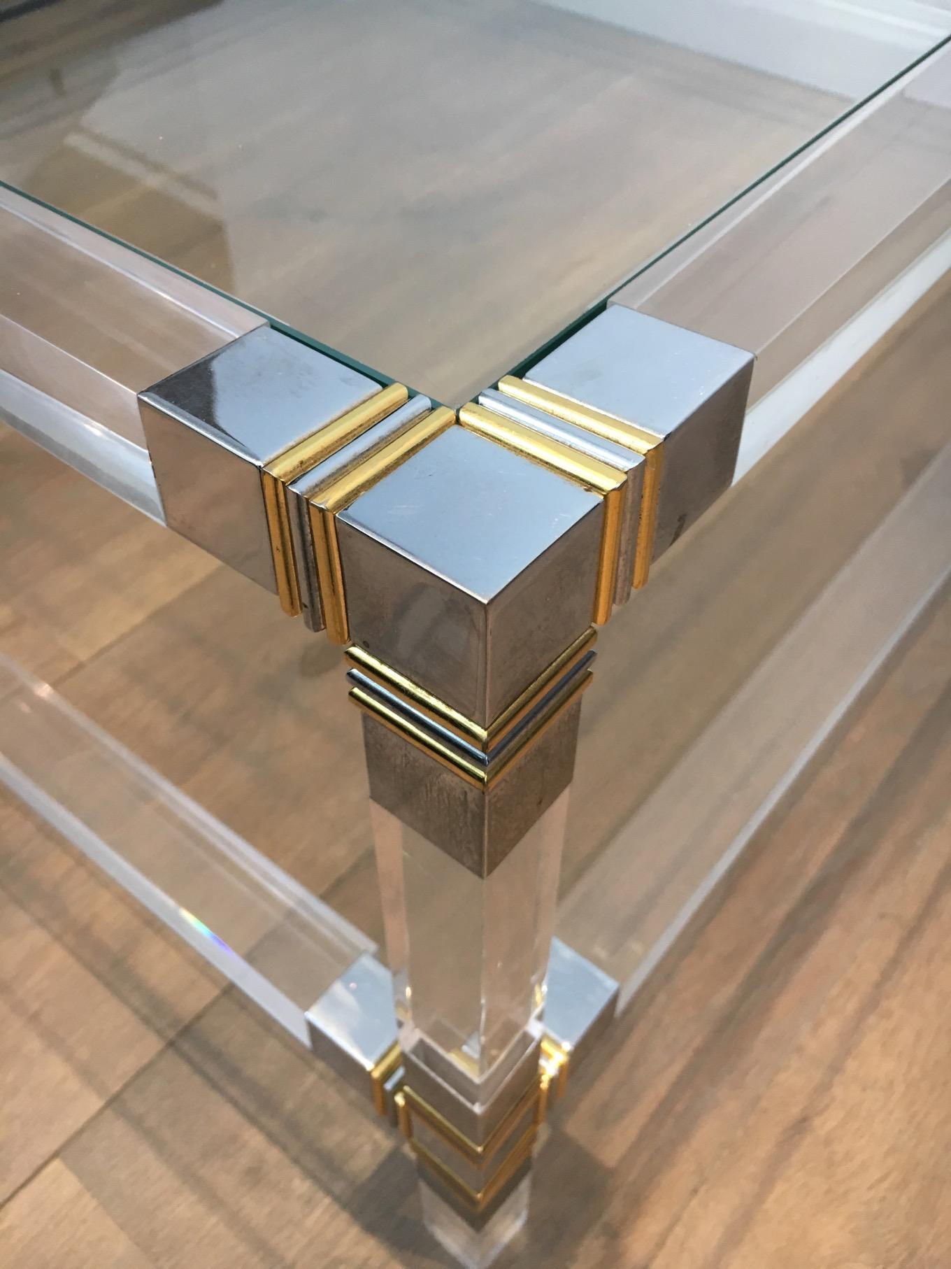 Gilt Square Lucite Coffee Table with Chrome Corners and Glass Tops