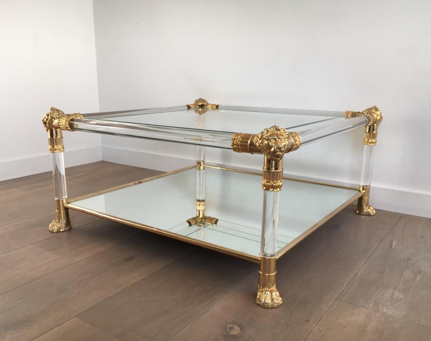 Square Lucite Coffee Table with Gild Lion Heads and Claw Feet, French 3