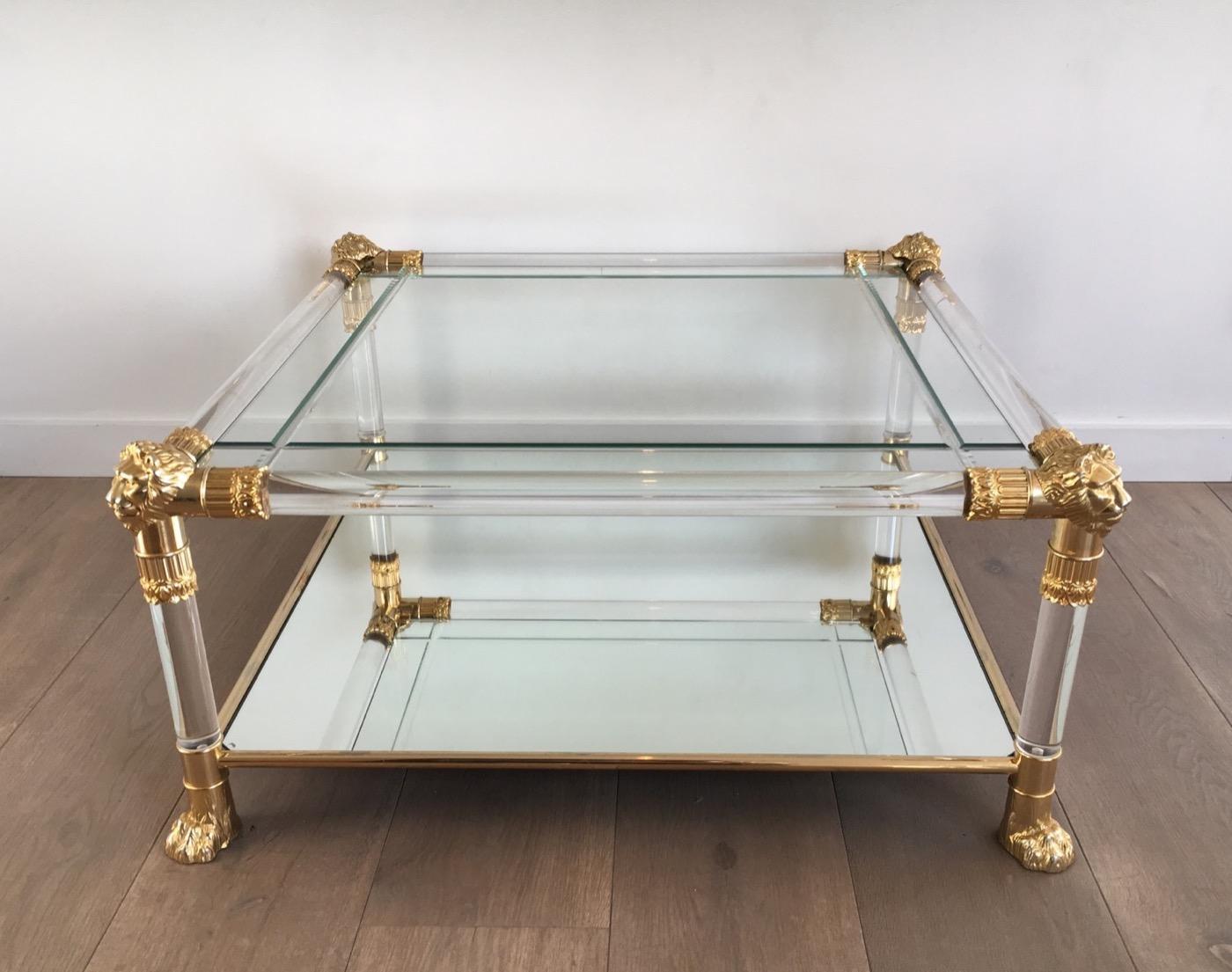 Square Lucite Coffee Table with Gild Lion Heads and Claw Feet, French 4