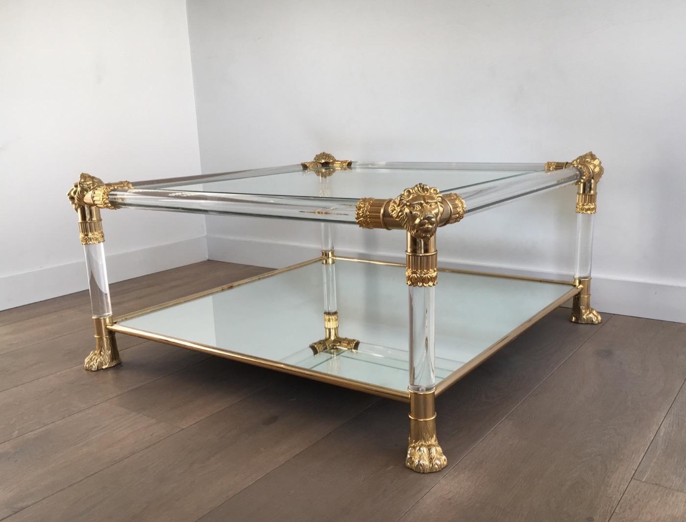 Square Lucite Coffee Table with Gild Lion Heads and Claw Feet, French 7