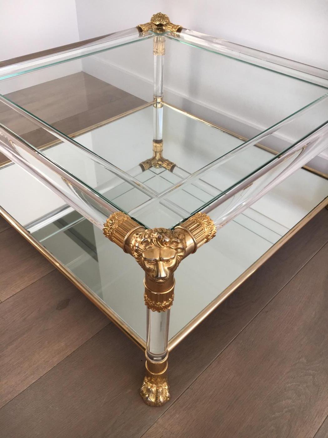 Square Lucite Coffee Table with Gild Lion Heads and Claw Feet, French 9