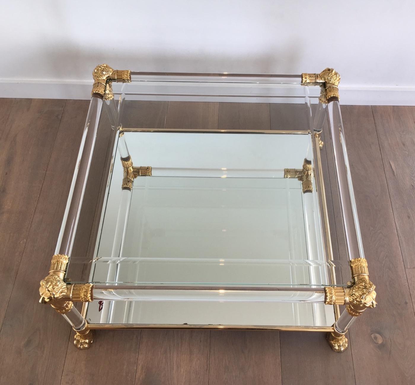 Square Lucite Coffee Table with Gild Lion Heads and Claw Feet, French 10