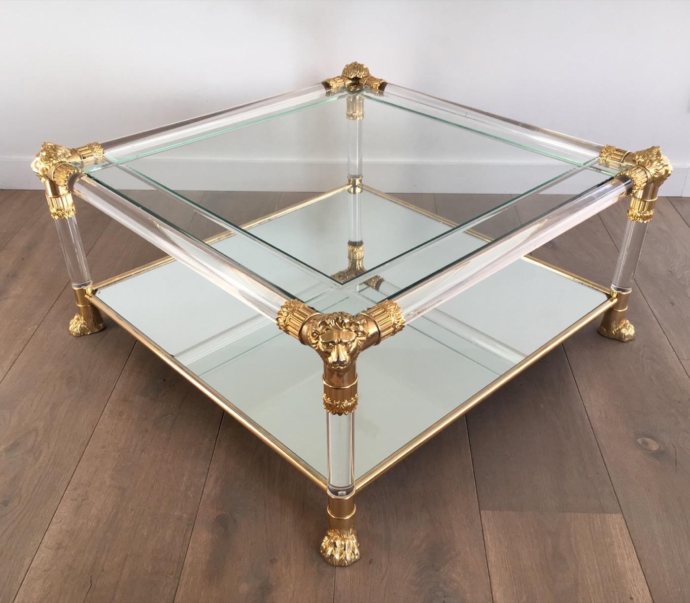 Square Lucite Coffee Table with Gild Lion Heads and Claw Feet, French 11