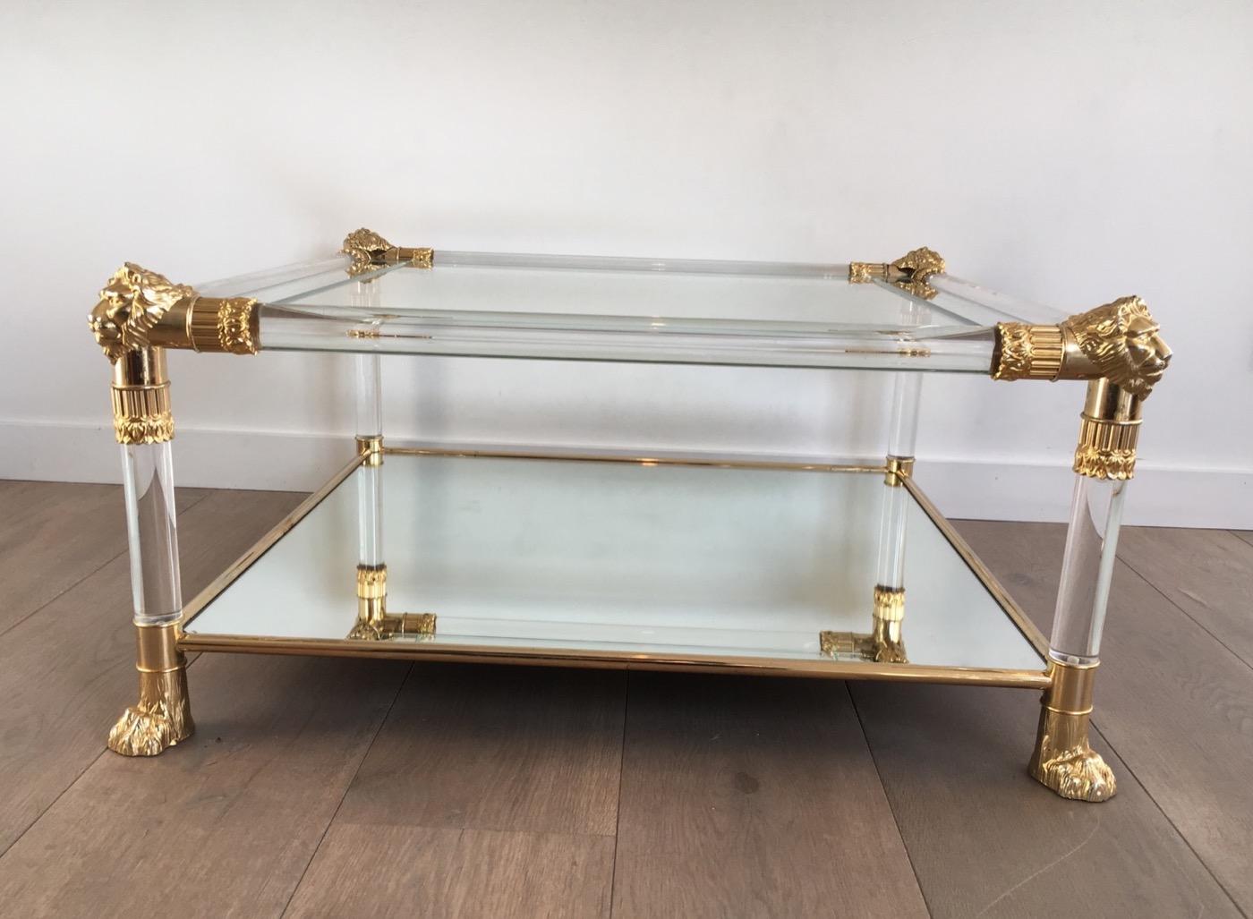 Square Lucite Coffee Table with Gild Lion Heads and Claw Feet, French 12