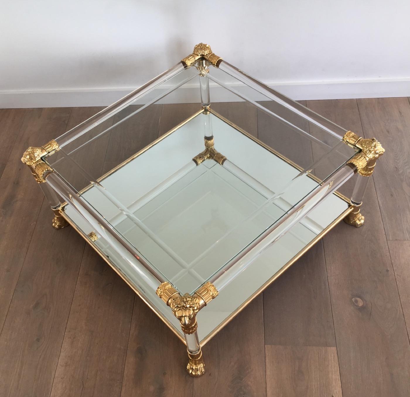 Square Lucite Coffee Table with Gild Lion Heads and Claw Feet, French 13