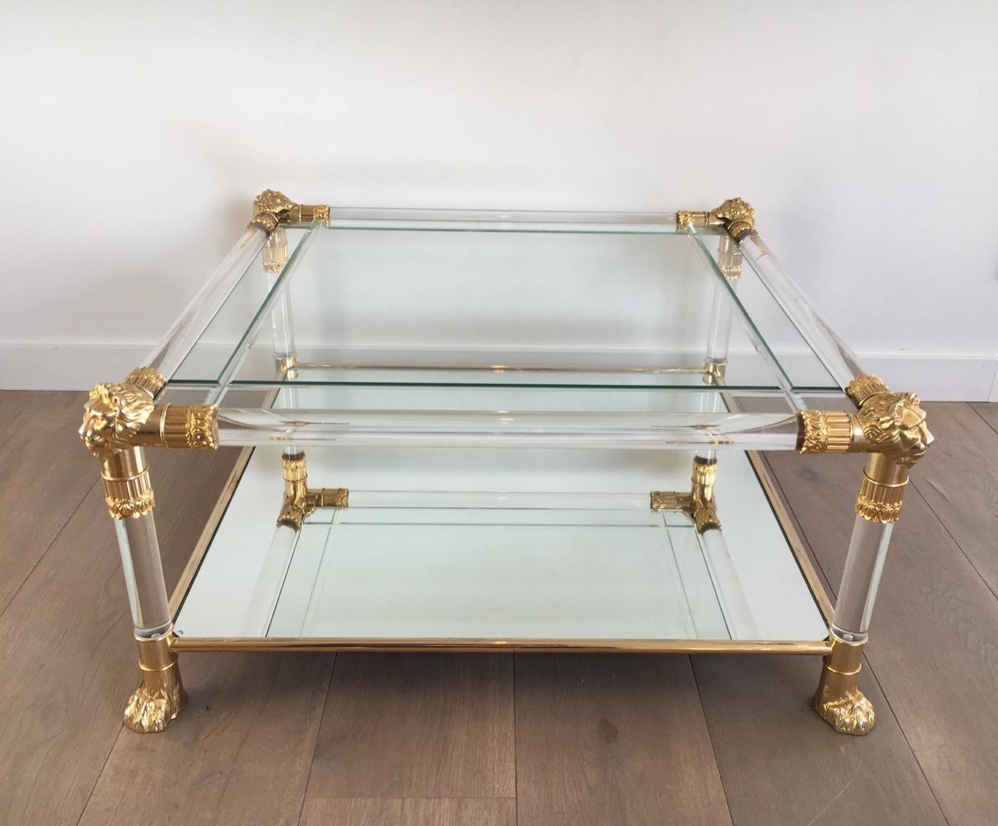 Mid-Century Modern Square Lucite Coffee Table with Gild Lion Heads and Claw Feet, French