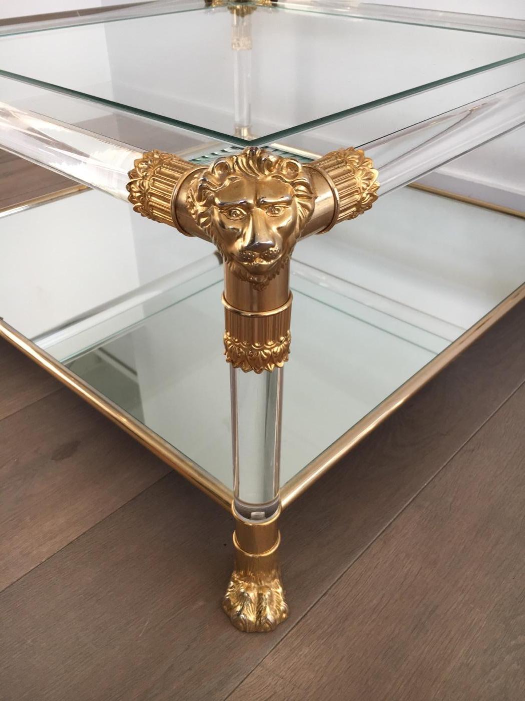 Gilt Square Lucite Coffee Table with Gild Lion Heads and Claw Feet, French