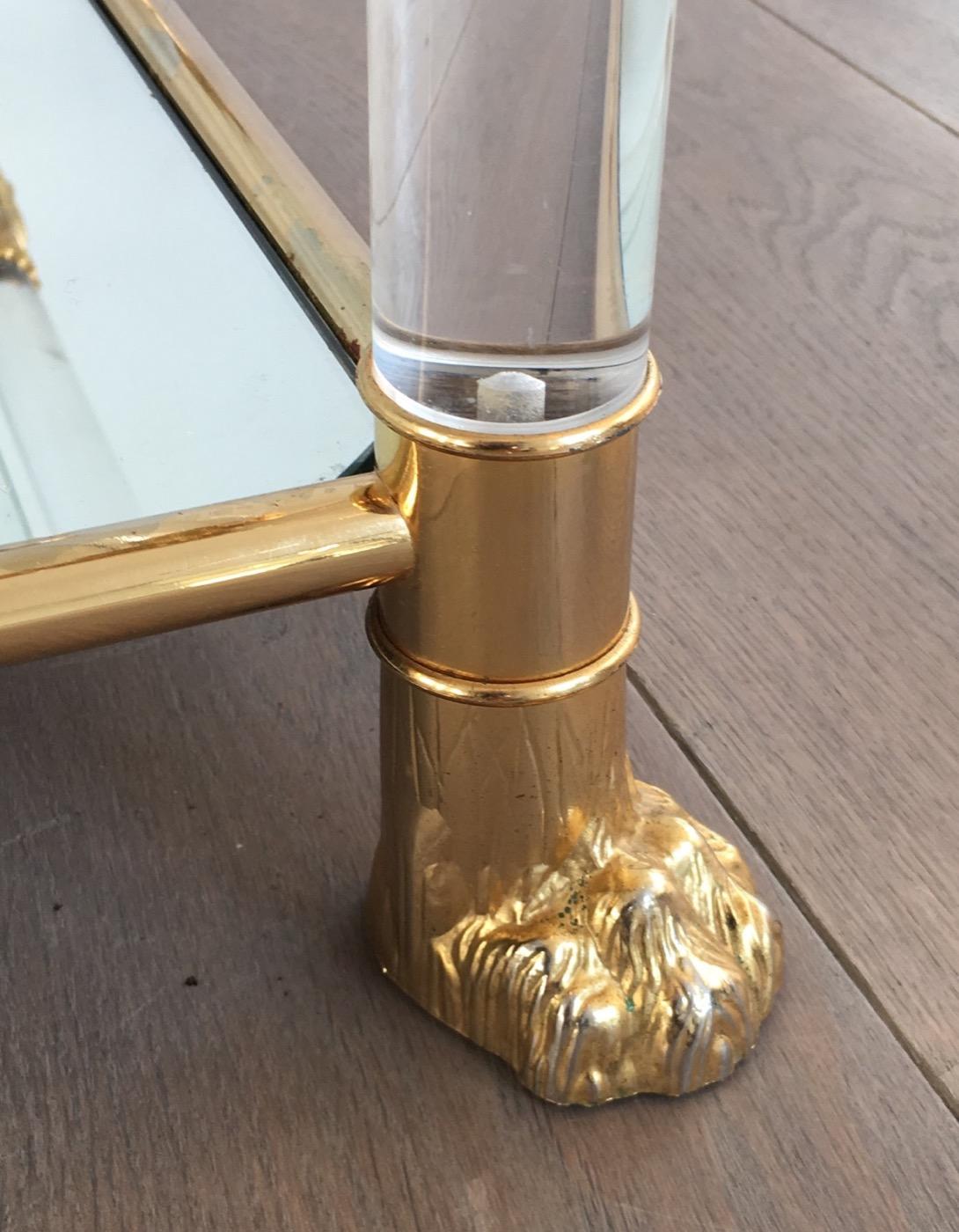 Late 20th Century Square Lucite Coffee Table with Gild Lion Heads and Claw Feet, French