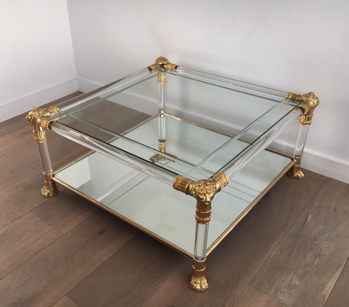 Square Lucite Coffee Table with Gild Lion Heads and Claw Feet, French 1