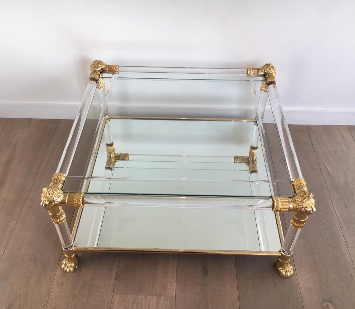 Square Lucite Coffee Table with Gild Lion Heads and Claw Feet, French 2