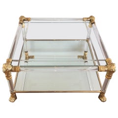 Square Lucite Coffee Table with Gild Lion Heads and Claw Feet, French