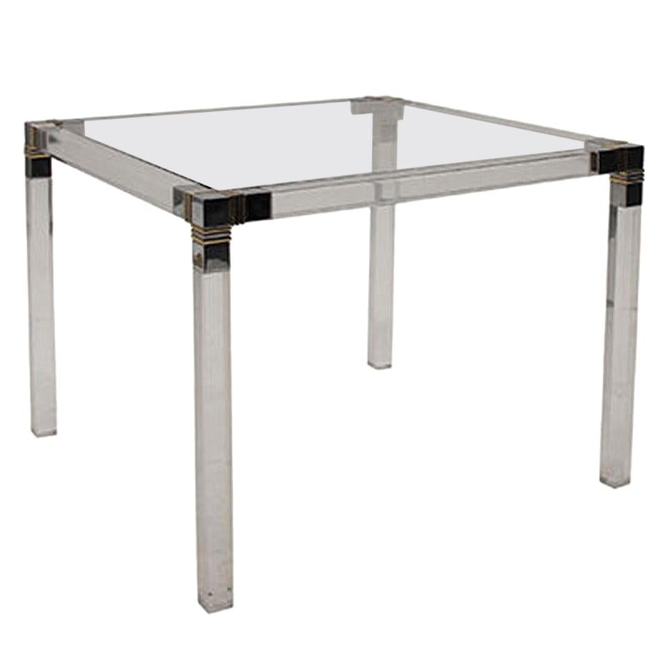 Square Lucite Side Table with Chrome and Brass Detailing For Sale