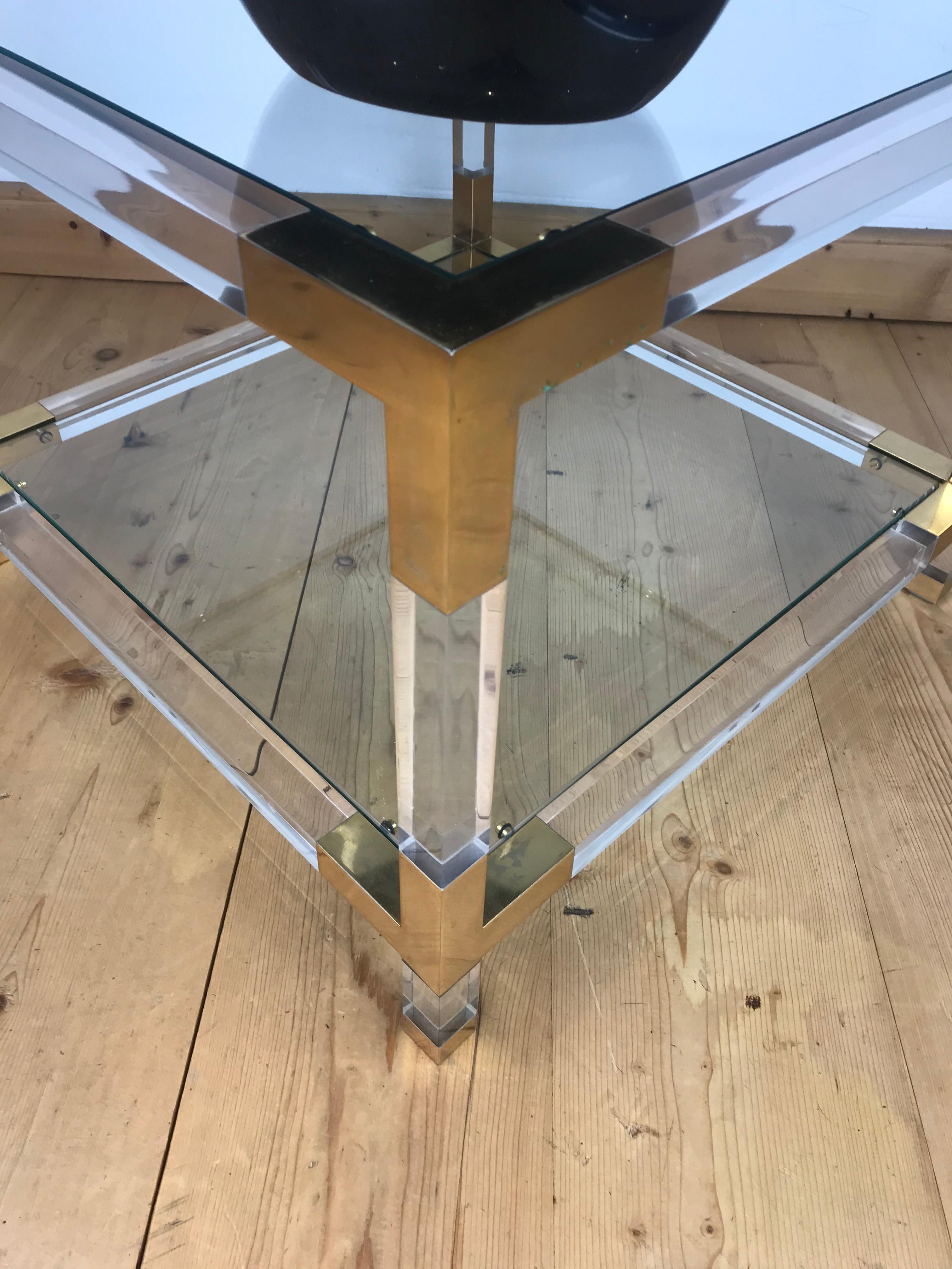 Square Lucite with Brass Coffee Table, 1970s 6