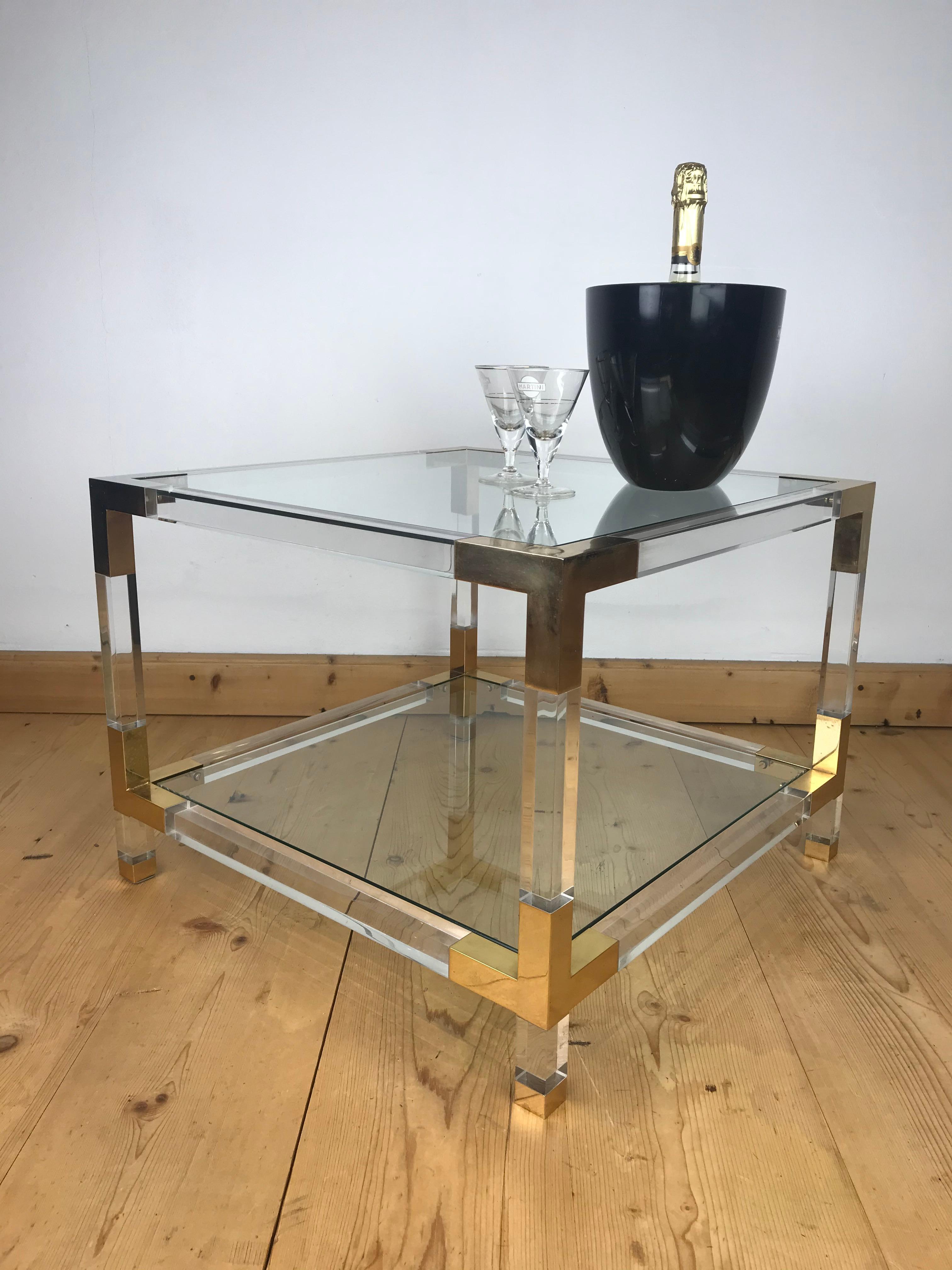 Square Lucite with Brass Coffee Table, 1970s 9
