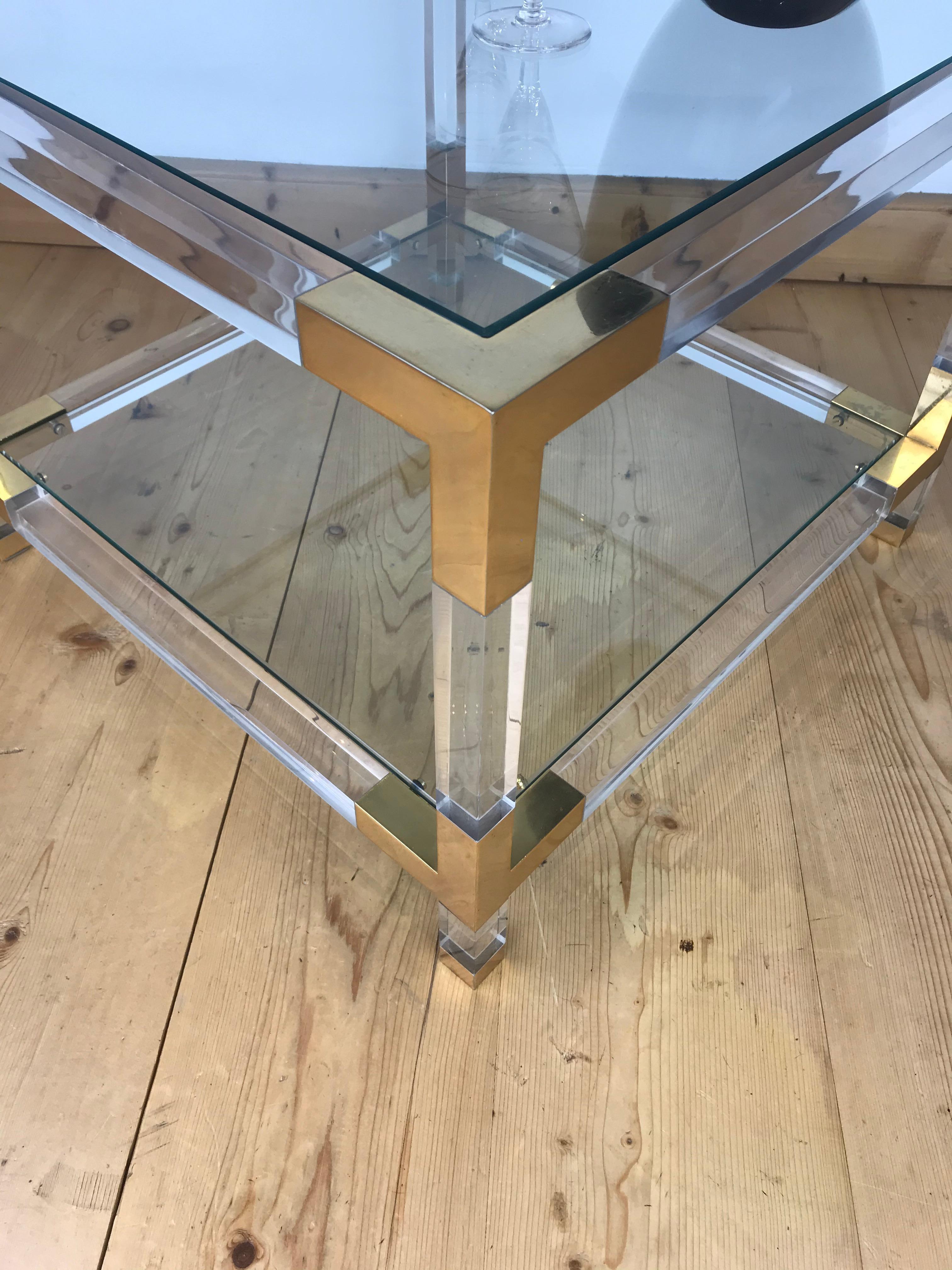 Square Lucite with Brass Coffee Table, 1970s 10