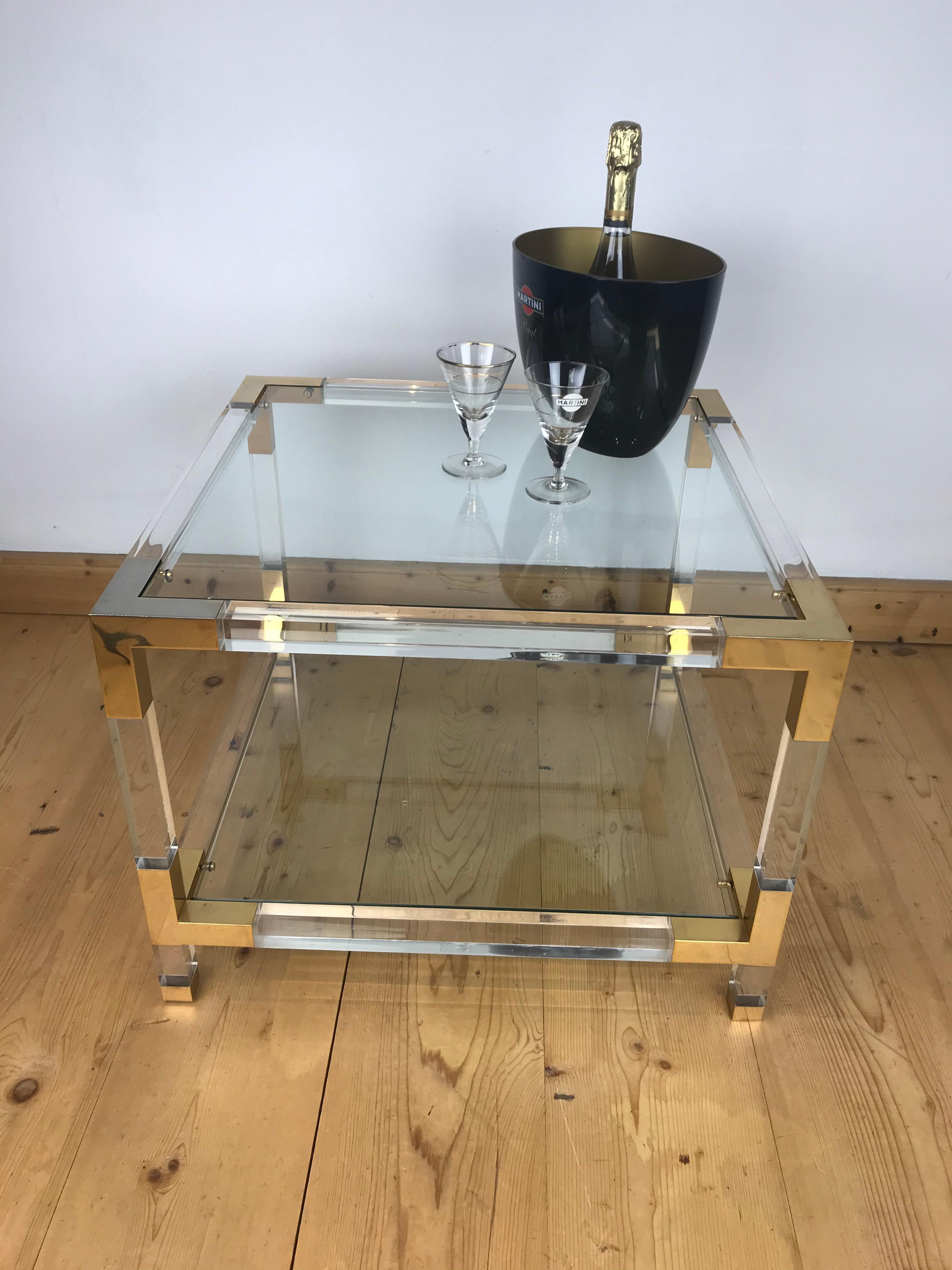 Square Lucite with Brass Coffee Table, 1970s 11