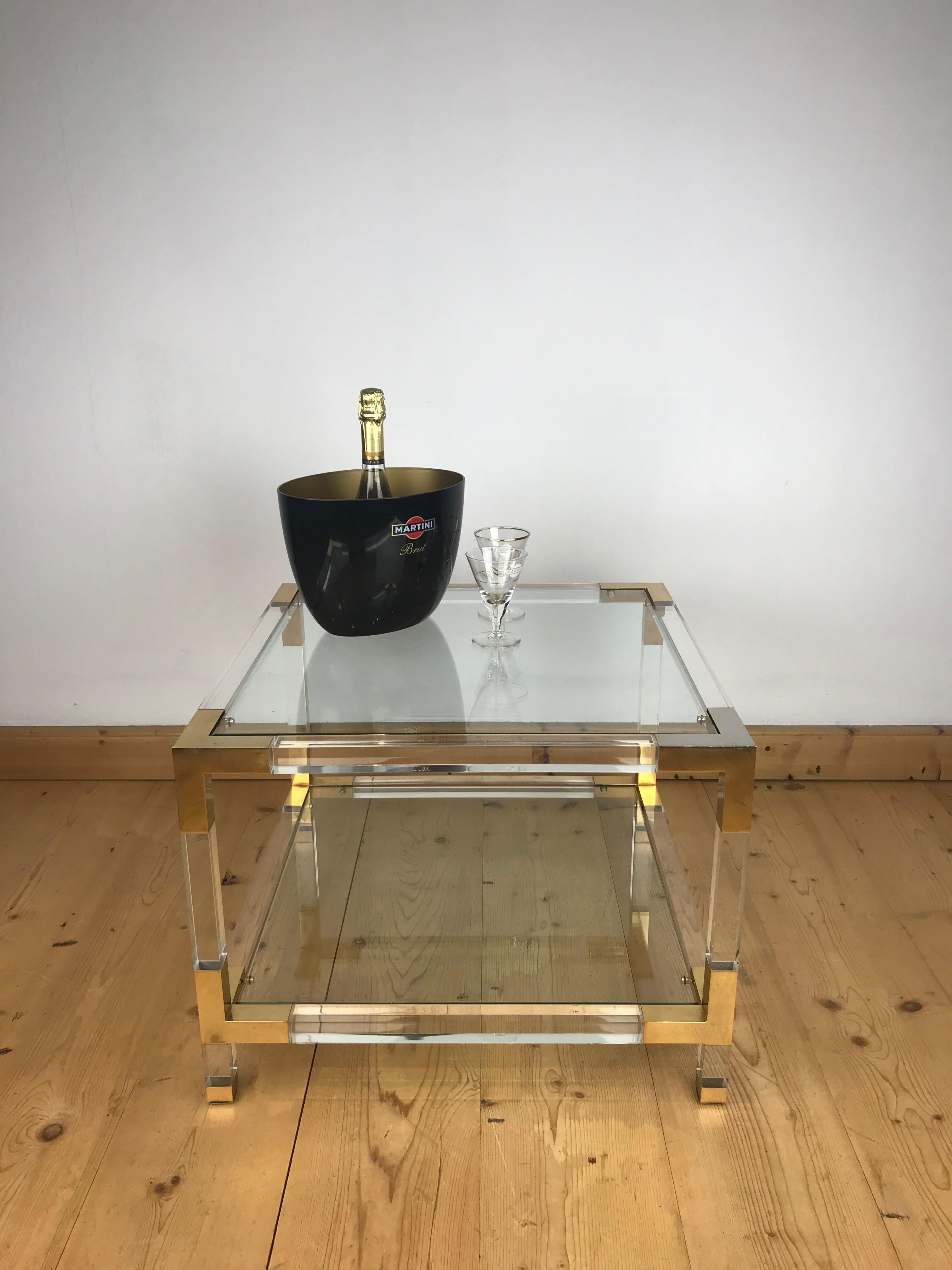 Modern Square Lucite with Brass Coffee Table, 1970s