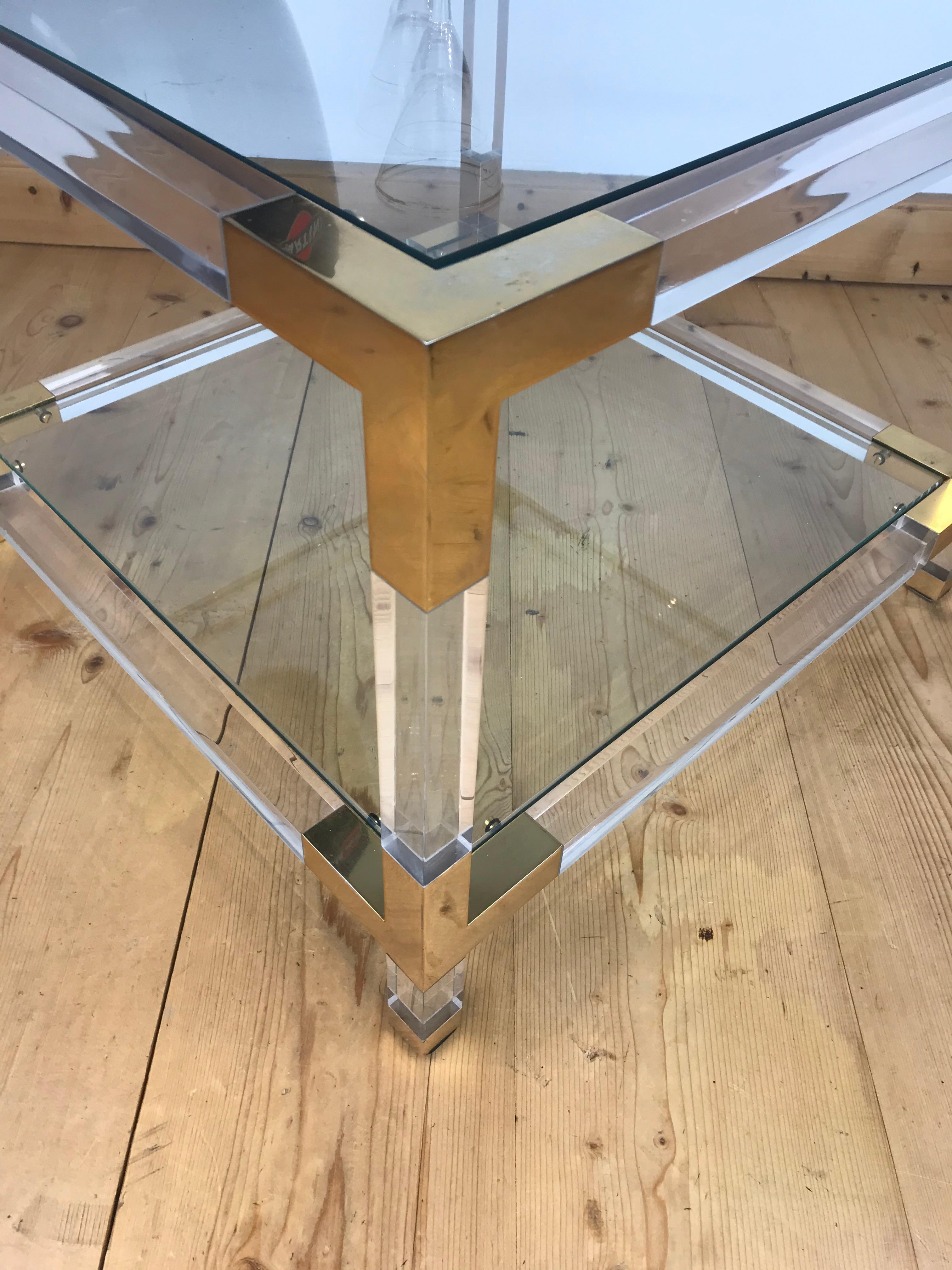 20th Century Square Lucite with Brass Coffee Table, 1970s