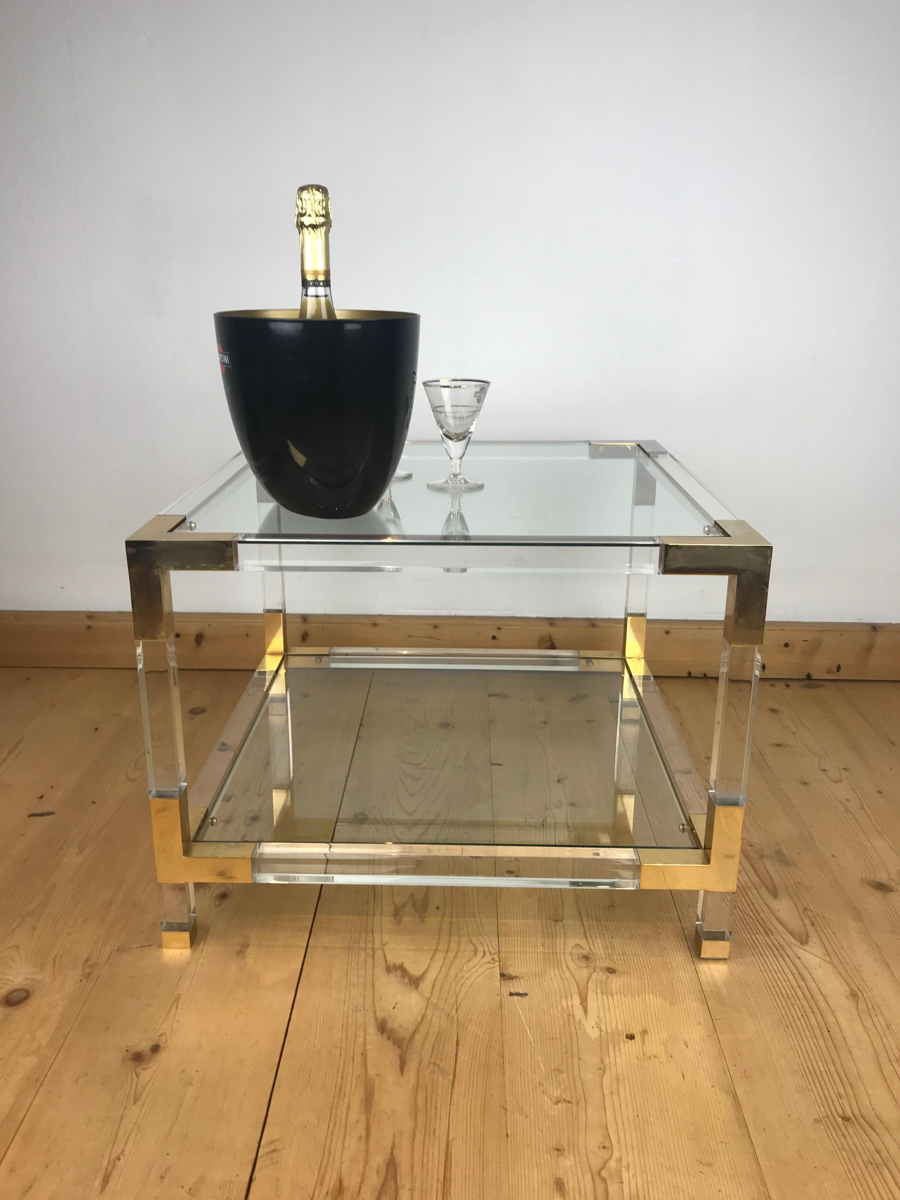 Square Lucite with Brass Coffee Table, 1970s 1