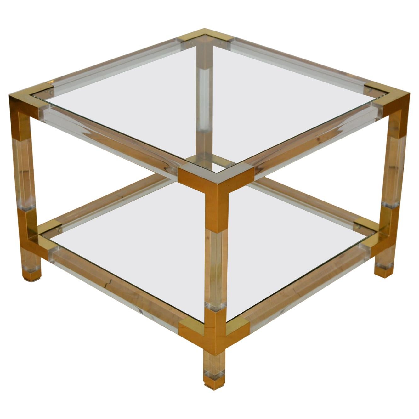 Square Lucite with Brass Coffee Table, 1970s