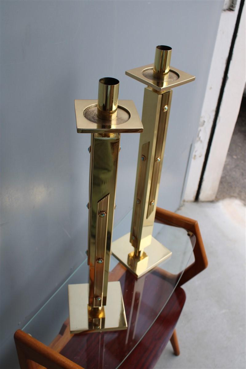Square Luxury Candlesticks Italian Design 1960s Solid Brass Brutalist Gold For Sale 5