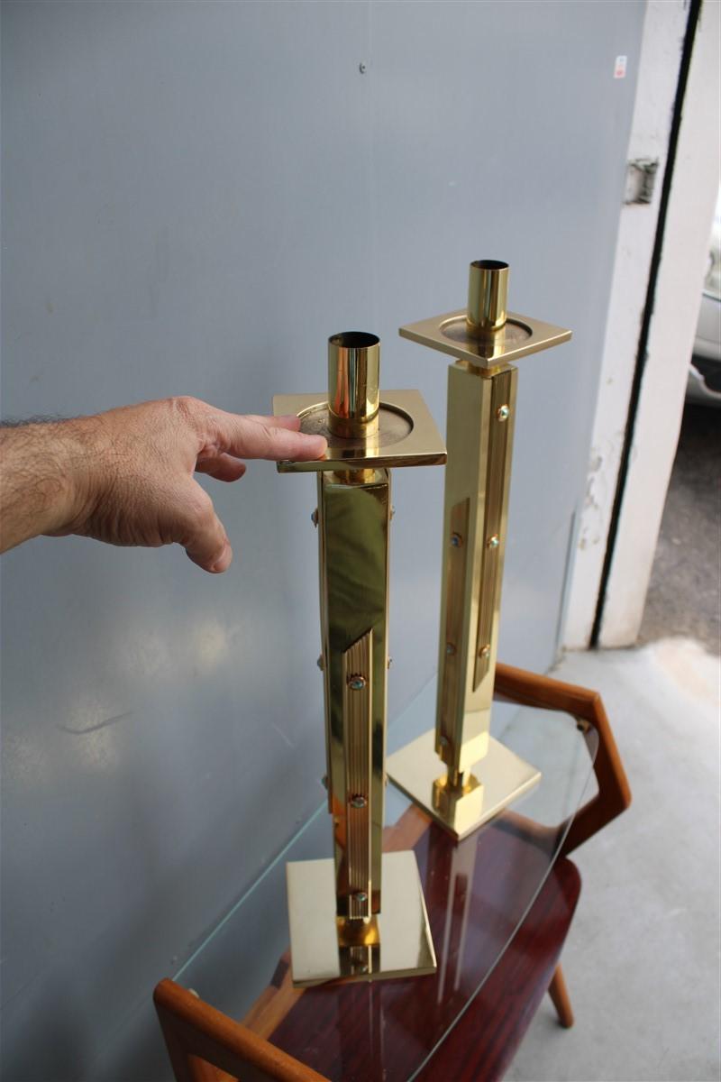 Square Luxury Candlesticks Italian Design 1960s Solid Brass Brutalist Gold For Sale 6