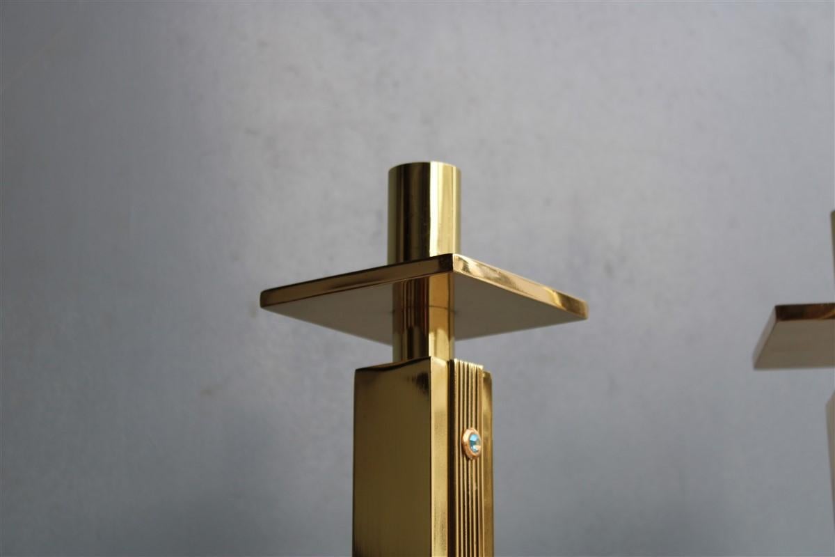 Square luxury candlesticks Italian design 1960s solid brass Brutalist gold.
Colored stones set, something really very elegant and of great class for unique homes of great value.