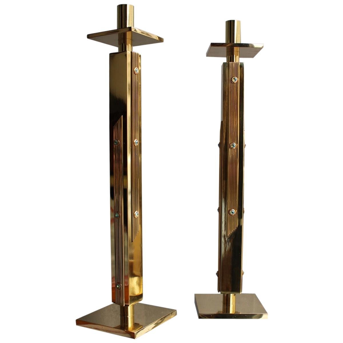 Square Luxury Candlesticks Italian Design 1960s Solid Brass Brutalist Gold For Sale