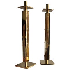 Vintage Square Luxury Candlesticks Italian Design 1960s Solid Brass Brutalist Gold