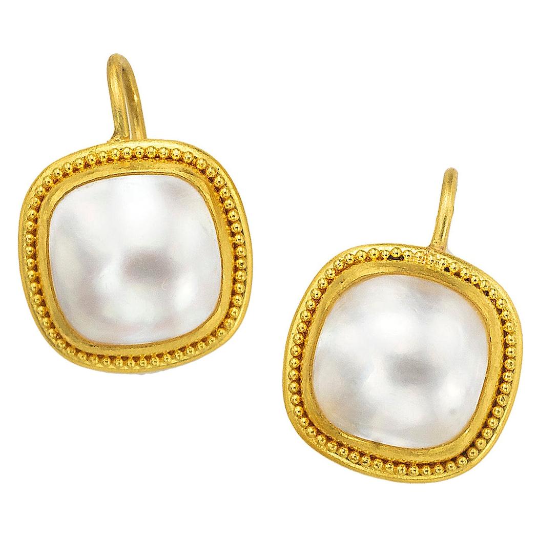 Square Mabe Pearl Earrings with 22 Karat Gold Granulation  For Sale