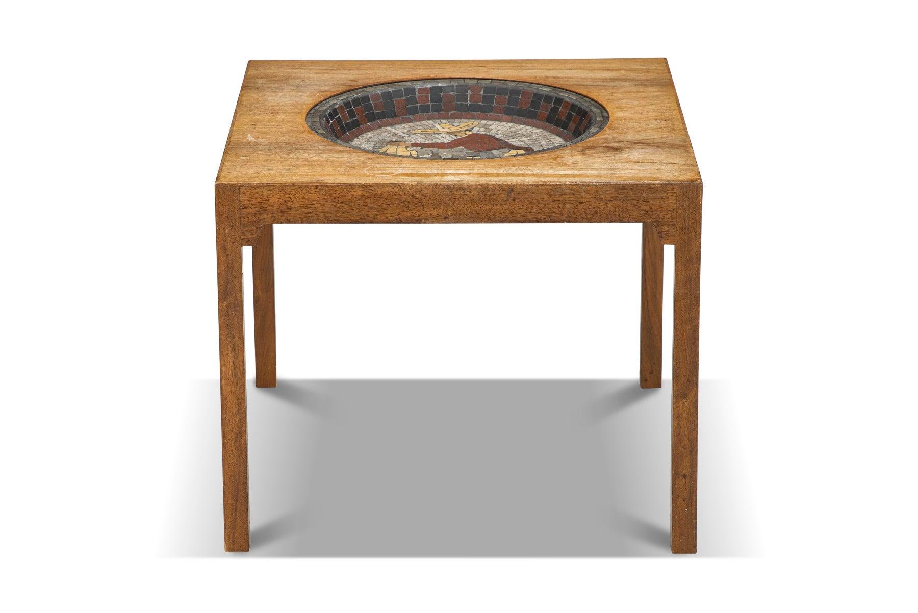 Mid-Century Modern Square Mahogany Side Table with Built in Mosaic Bowl For Sale
