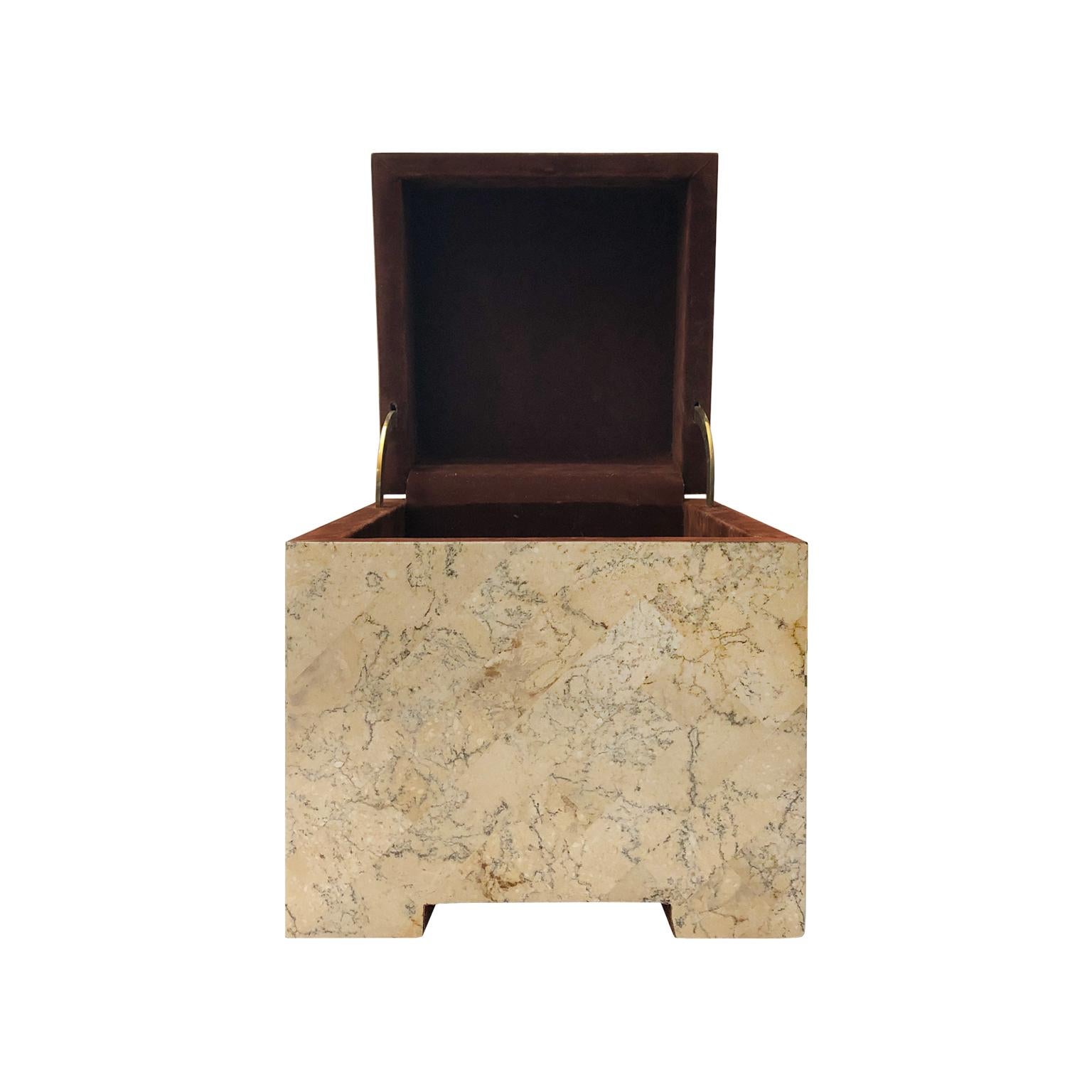 American Square Maitland Smith Tessellated Stone Box with Brass Inlay For Sale