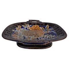 Square Majolica Leaves Handled Comport Choisy le Roi, circa 1890