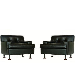 "Square" Marco Zanuso by Arflex Italian Design 1960s Black Leather Armchairs