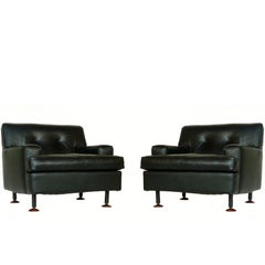 "Square" Marco Zanuso by Arflex Italian Design 1960s Black Leather Armchairs