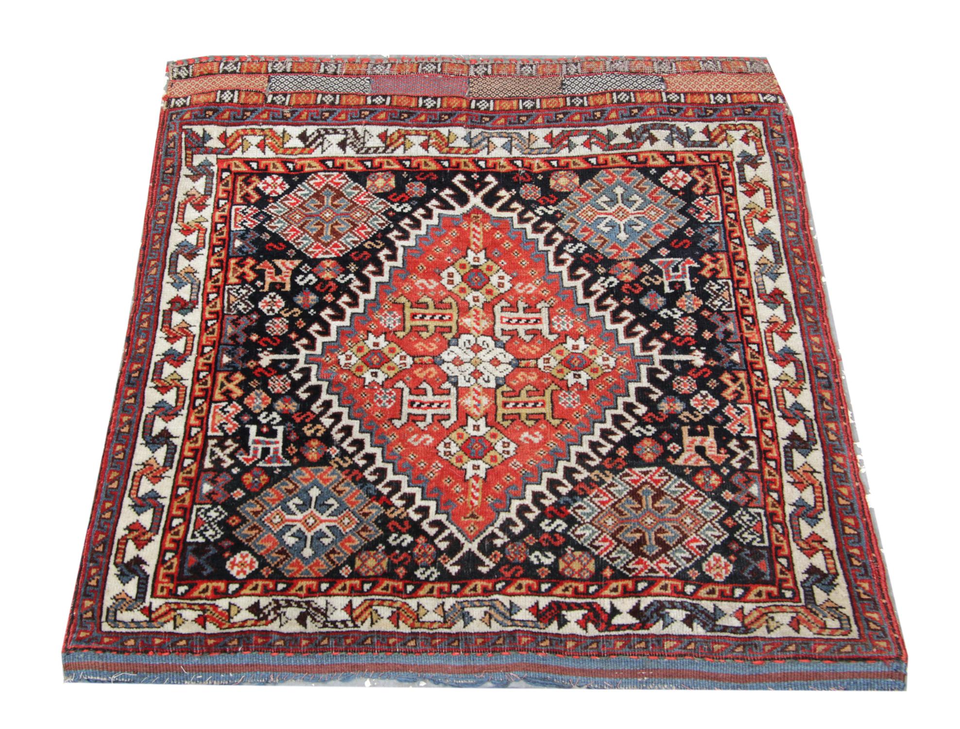 Caucasian Square Medallion Carpet Handwoven Tribal Oriental Wool Area Rug For Sale