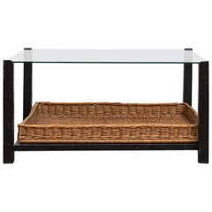 Square Metal and Glass Coffee Table with Lower Rattan Basket